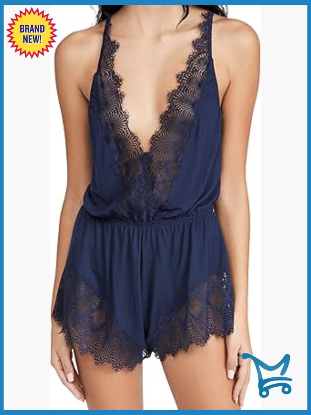 Women's Sleep Romper with Eyelash Lace Deep V Plunge Modal